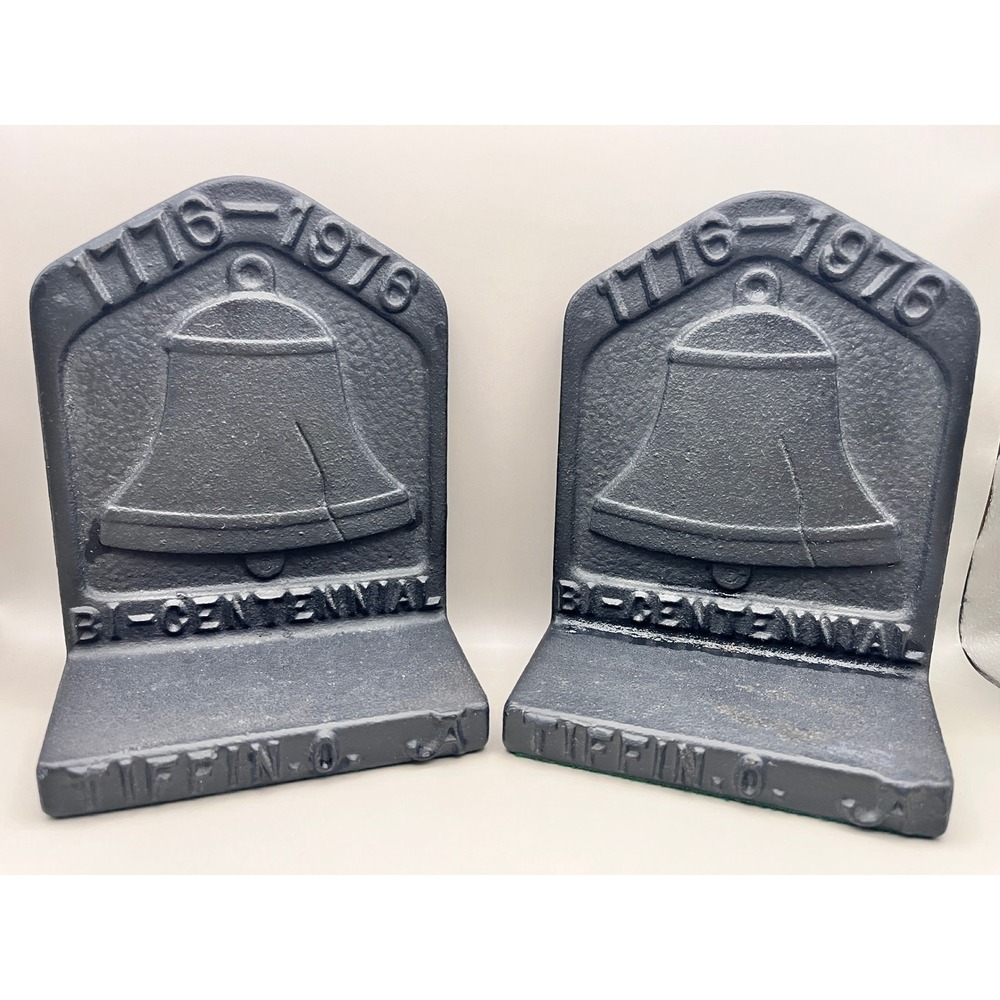 Vtg 1776-1976‎ Bi-Centennial Liberty Bell Cast Iron Bookends Tiffin Ohio Black